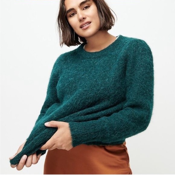 J. Crew Puff Sleeve Fuzzy Crewneck Sweater In Old Forest Alpaca Merino Blend XS - Picture 3 of 17